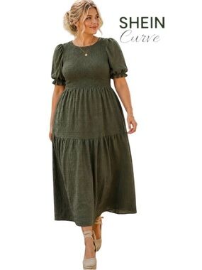3X SHEIN Khaki Ruched-Stitch Bodice Dress, A-Line with Tiers